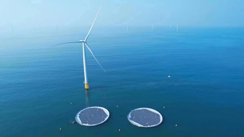Worlds first offshore floating solar project connected to an offshore wind turbine.